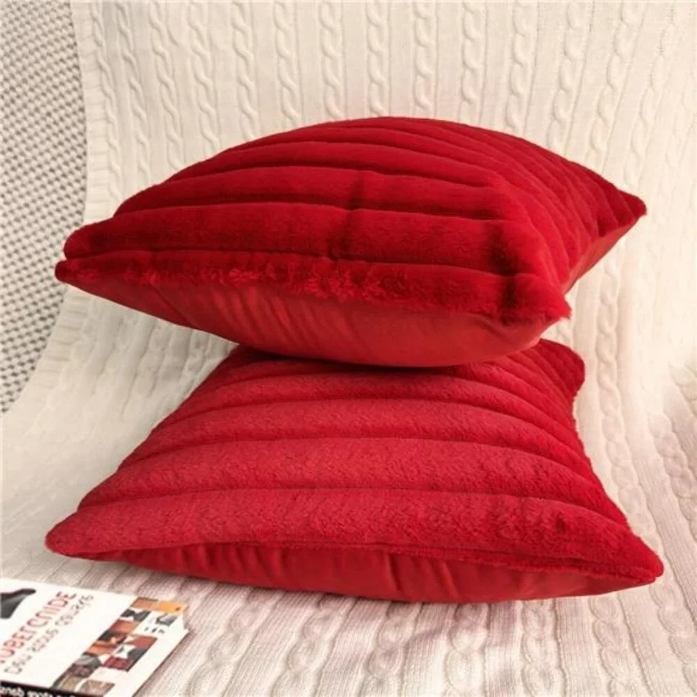 Red Faux Fur Velvet Pillow Covers 18x18 Set of 2 Soft Decorative Cushion Cases
